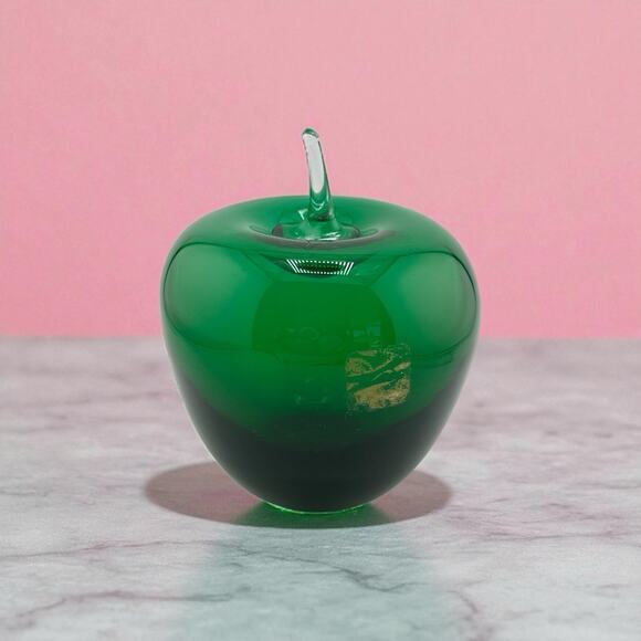 Vintage Blenko Art Glass Emerald Green Apple Paperweight w/ Clear Stem 1960s MCM - Picture 1 of 8